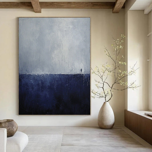Large contemporary abstract painting featuring dark blue and gray tones minimalist landscape evoking loneliness and mystery with an endless horizon and heavy rain effect. DLZ0738