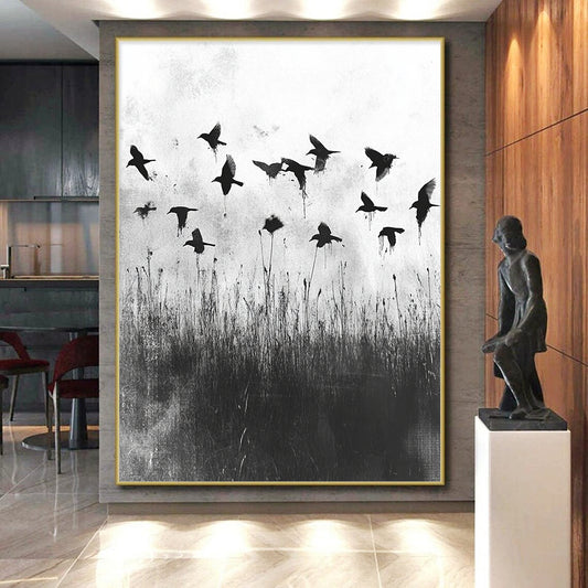 Black and White Birds in Field "Misty Flight" Painting On Canvas HB301