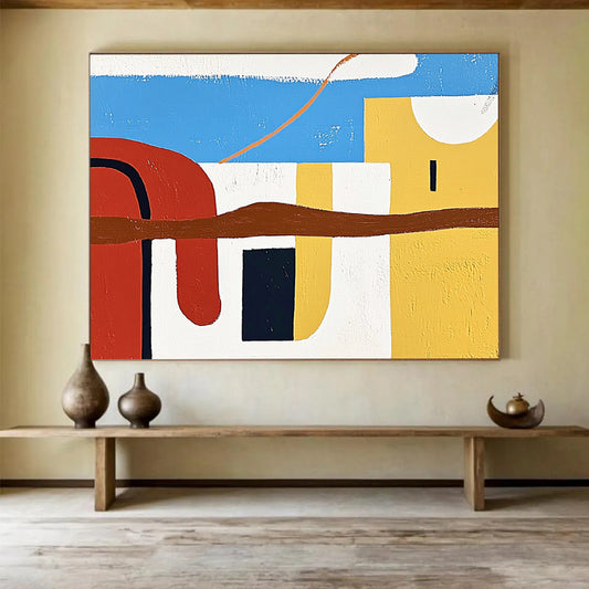 “Colorful Abstract Landscape” - Blue, Red, Yellow, Brown, White - Abstract Geometric Landscape - Acrylic Painting HB1314