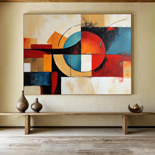 “Geometric Abstract Composition” - Red, blue, orange, beige, white; Geometric abstract shapes and lines; Acrylic Painting On Canvas HB1241