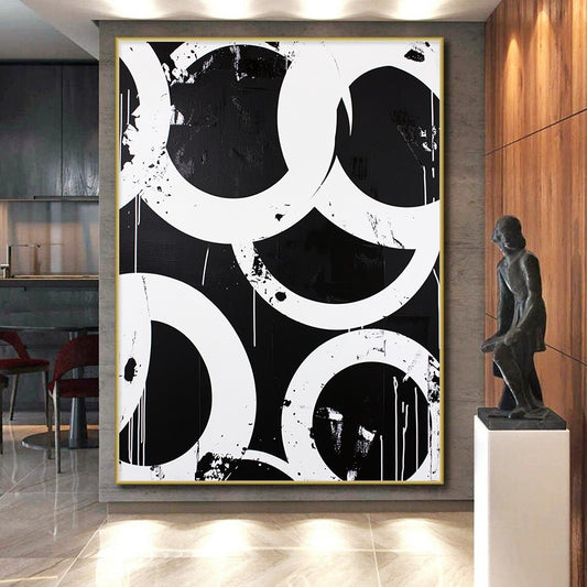 Black, White, Overlapping Circles "Graphic Circle Overlaps" Abstract Pop - Art Inspired Painting On Canvas HB173
