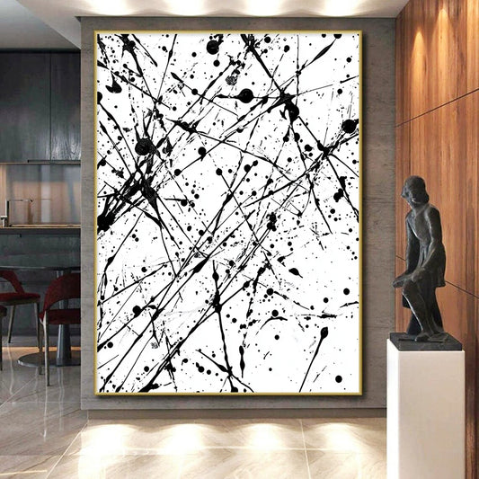 Black and White Splattered Lines "Chaotic Energy" Painting On Canvas HB251