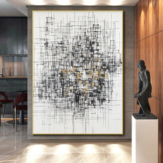 Black, White, Gray, Gold, Interwoven Lines "Gilded Urban Tapestry" Abstract Expressionist Painting On Canvas HB131
