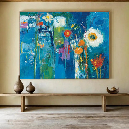 “Blue Floral Fantasy” - Deep blues, greens, oranges, whites; Abstract flowers in a vibrant blue dream; Expressionistic Acrylic Painting On Canvas HB1182