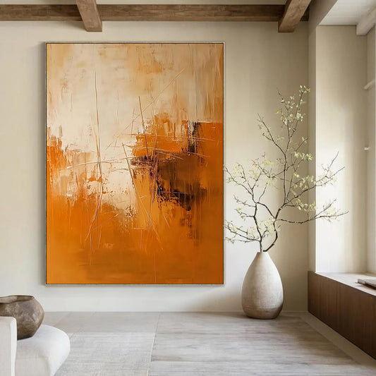 Contemporary hand-painted abstract artwork featuring warm orange and brown tones with textured brushstrokes and dynamic shapes adding depth in beige and white. DLZ1069