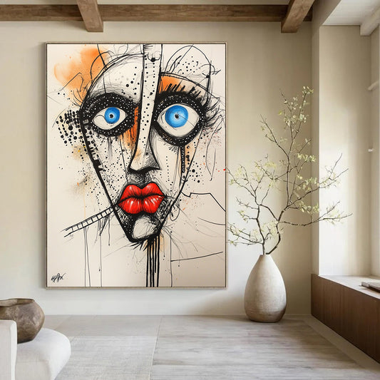 Abstract artwork featuring black dots blue eyes red lipstick on a white background hand-drawn doodles in a contemporary mixed media style. DLZ1252