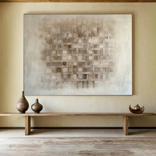 Beige Woven Grid Pattern - “Textured Tapestry” Painting On Canvas HB1446
