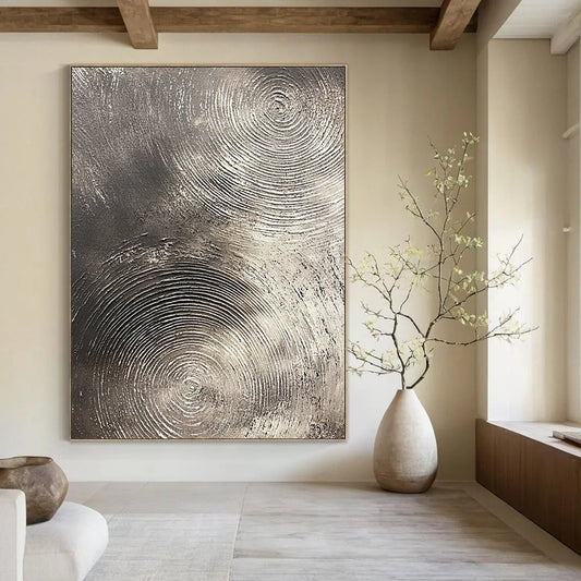 Contemporary abstract artwork features silver textures with swirling patterns on a dark gray background emphasizing depth and movement. DLZ1075