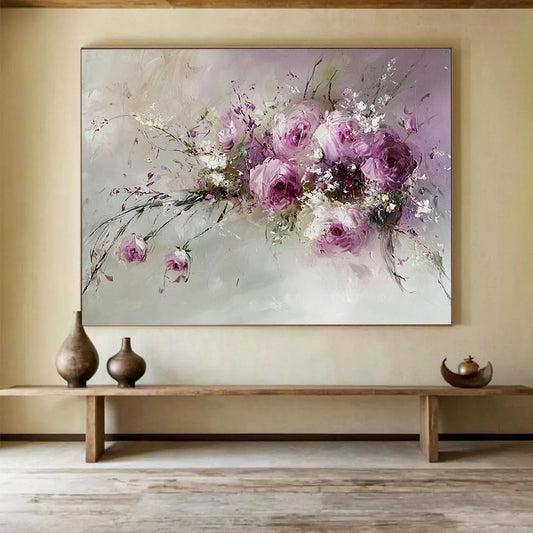 Pink, Purple, White and Green Floral Impasto "Romantic Blooms" Painting On Canvas HB0656