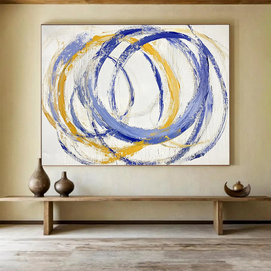 “Blue - Yellow Circular Rhythms” - Blue, Yellow, Circular Strokes Painting On Canvas HB0766