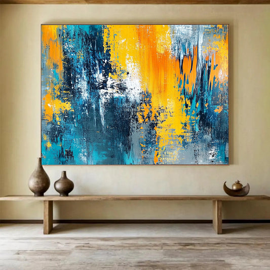 “Blue and Yellow Abstract Layers” - Blue, Yellow, Layered Textures Painting On Canvas HB0870