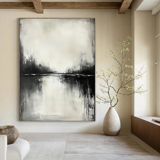Contemporary abstract painting in black and white with serene water reflections and neutral tones, crafted using oil paint for a tranquil atmosphere. DLZ0399