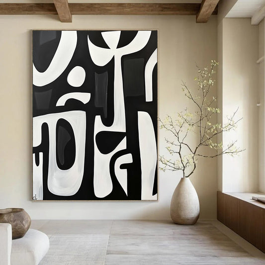 Large contemporary hand-painted abstract artwork featuring bold white shapes on a black background with minimalist design and elegant simplicity. DLZ1426