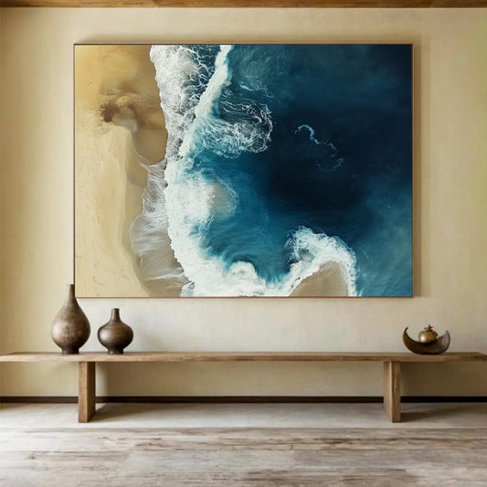 “Aerial Beach View” - Blue, White, Beige with Ocean and Sand - Aerial Photography Print HB1355