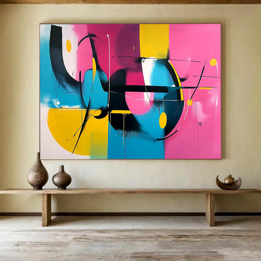 “Vibrant Abstract Composition” - Pink, yellow, blue, black; Abstract composition with dynamic lines; Acrylic Painting On Canvas HB1273