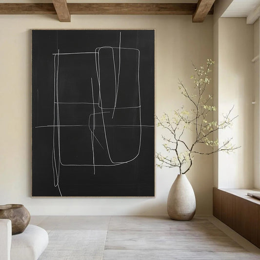 Contemporary minimalist abstract art featuring a central shape with extending lines on a black background creating a striking visual contrast. DLZ1642