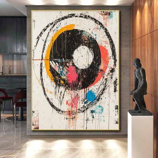 Colorful Circular Splashes with Black Rings - “Vibrant Chaos Orbit” Painting On Canvas HB181
