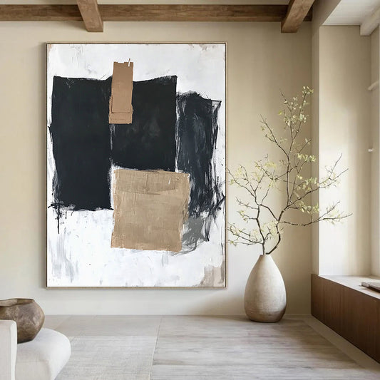 Contemporary hand-painted abstract art featuring three large black squares, one with brown tape, on a white background with thick dark gray strokes. DLZ1335