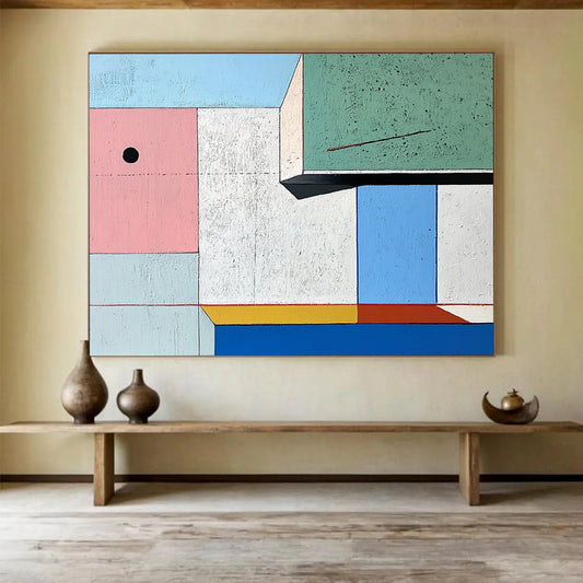“Geometric Color Blocks” - Pink, Green, Blue, Cubist Geometric Painting On Canvas HB0707