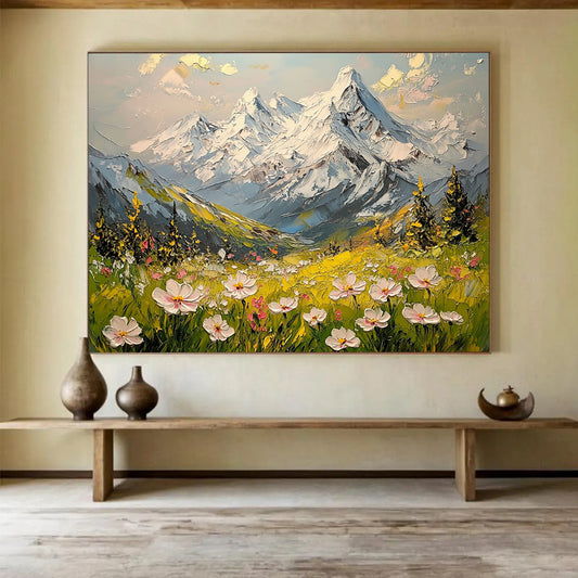 “Snowy Peaks & Flower Fields” - Whites, Greens, Yellows, Snow - capped Mountains & Wildflowers - Impasto Oil Painting HB1596