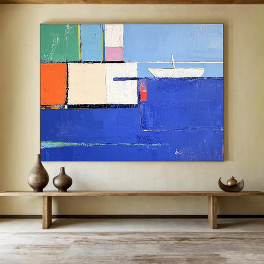 “Colorful Coastal Cubes” - Blue, Green, Orange, Pink, Abstract Cubist Coastal Painting On Canvas HB1075