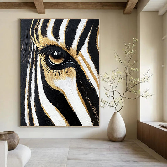 Contemporary hand-painted abstract art featuring a zebra's eye and forehead stripes in black and white with gold highlights against a gradient background. DLZ1217