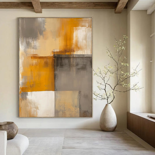 Contemporary hand-painted abstract art featuring faded beige and grey tones with warm yellow accents and simple geometric shapes. DLZ0516