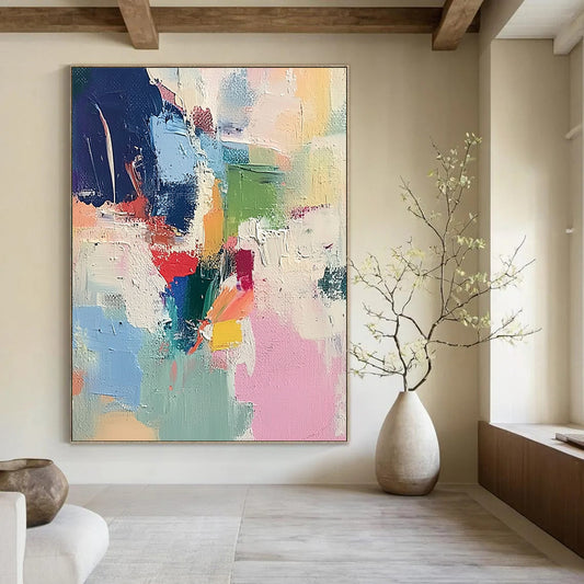 Large contemporary hand-painted abstract artwork featuring soft brushstrokes light colors thick paint and striking contrasts creating a chaotic atmospheric composition. DLZ0767