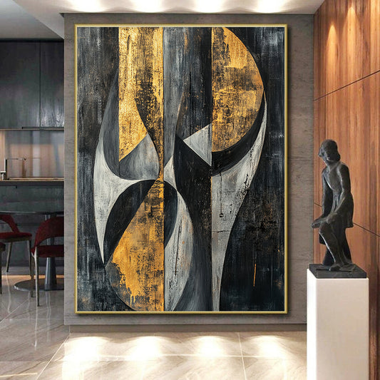 Gray, Black, Gold and Silver Geometric Abstraction "Mystic Geometry" Painting On Canvas HB397