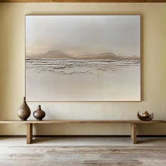 “Textured Beige Landscape Relief” - Beige, Textured Mountain & Sea Painting On Canvas HB0790