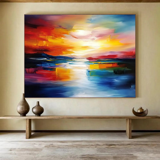 “Fiery Sunset Reflections” - Bold Reds, Oranges, Yellows, and Blues, Dramatic Sunset Over Water Painting On Canvas HB0910
