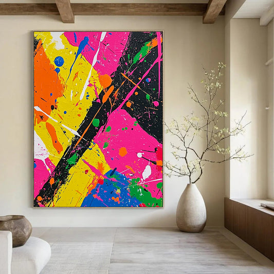 Vibrant contemporary abstract painting featuring bold neon colors and dynamic splashes in a Jackson Pollock-inspired style perfect for modern art collectors. DLZ0614
