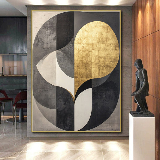 Black, Gray, White, Gold, Intertwined Circles "Gilded Unity" Abstract Cubist - Inspired Painting On Canvas HB117