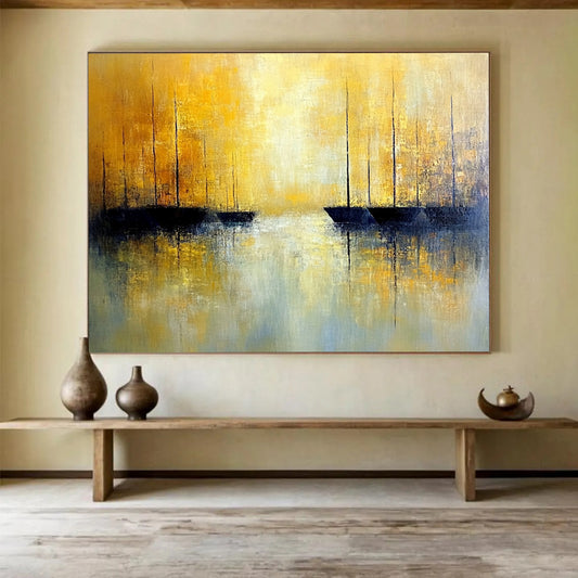 “Golden Sailboat Abstract” - Yellow, Blue, Black with Sailboat Silhouettes - Painting On Canvas HB1383