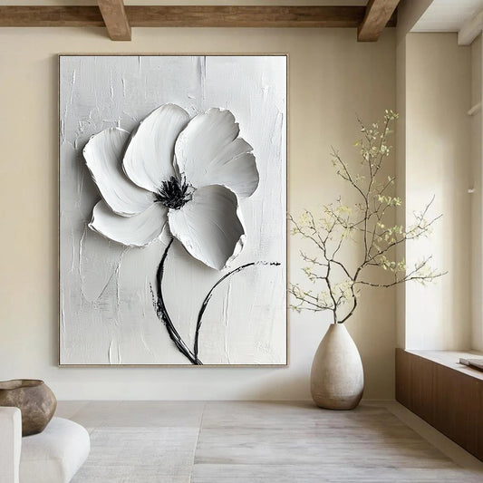 Contemporary large abstract painting featuring a white flower with textured lines and gentle lighting on a pure white background. DLZ1741