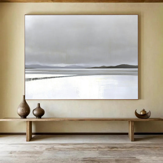 “Misty Lake Landscape” - Gray, white, blue, minimalist, Landscape Painting HB0624