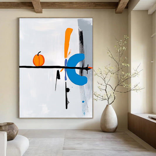 Contemporary abstract art featuring a right-pointing arrow in blue black white and orange with Oostutto text and a whimsical pumpkin element on a light grey background DLZ1336