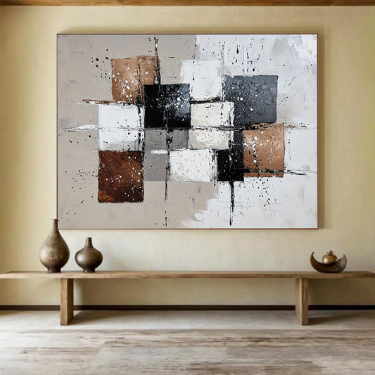 “Black White Brown Abstract Squares” - Black, White, Brown, Splattered Forms - Painting On Canvas HB1421