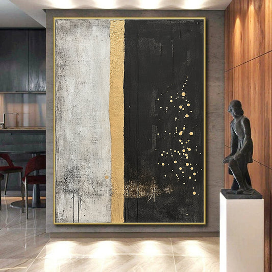 Gray, Gold & Black Split Dots - “Ethereal Boundary” Painting On Canvas HB197