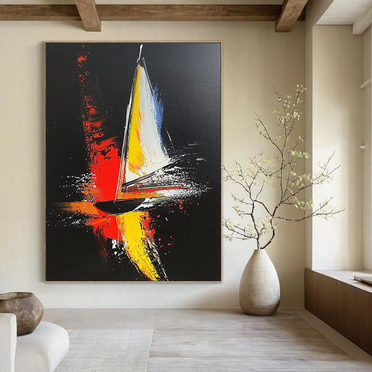 Contemporary hand-painted abstract artwork featuring a sailboat in bold red yellow and gray strokes against a striking black background with dynamic white highlights. DLZ1554
