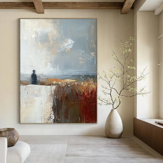 Contemporary abstract painting featuring muted brown grey and blue landscape under a large white sky creating a detailed and moody atmosphere. DLZ0487