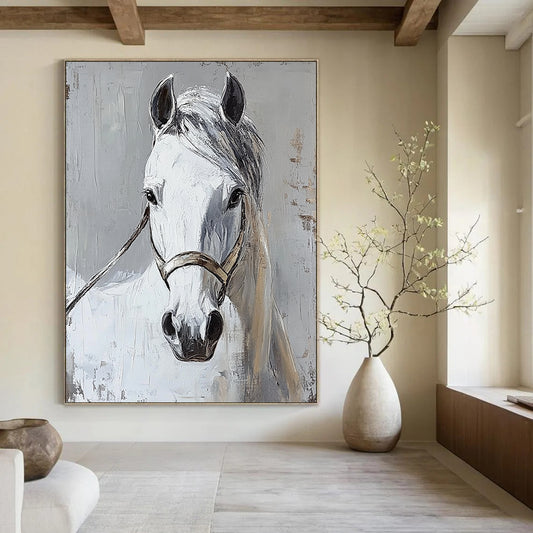 Contemporary abstract painting featuring a white horse head on a grey background showcasing vibrant colors and dynamic brushstrokes. DLZ1744