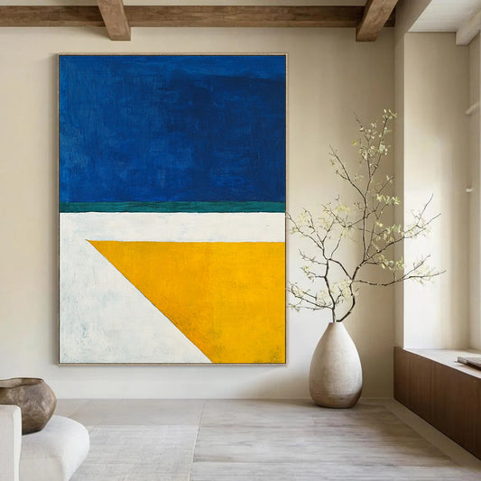 Contemporary hand-painted abstract artwork featuring blue white and yellow inspired by flag colors. Perfect for modern space decor. DLZ1314
