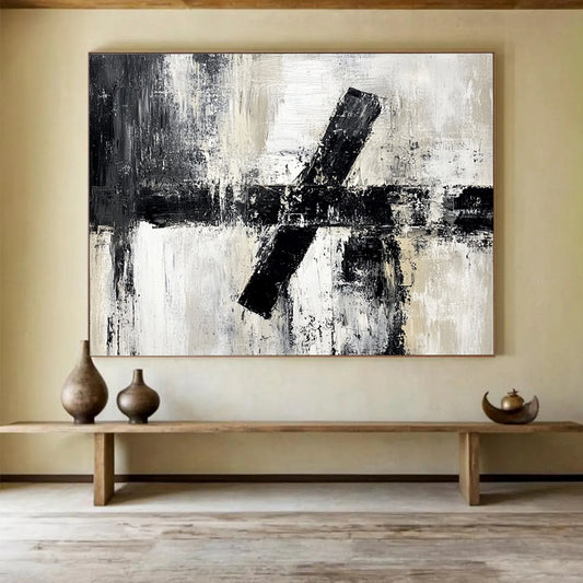“Textured Black - White Cross Abstraction” - Black, White, Gray, Textured Crosses Painting On Canvas HB0803