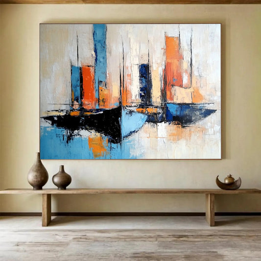 “Colorful Sailboats” - Blues, oranges, whites; Abstract sailboats in a vibrant harbor; Impressionistic Oil Painting On Canvas HB1178