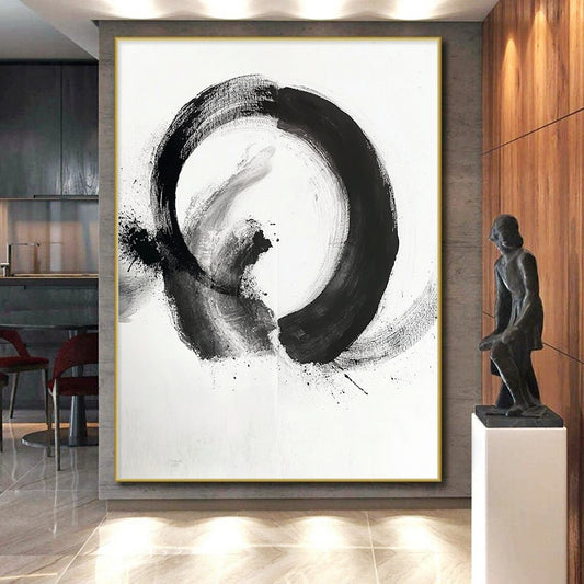 Black and White Mixed Circle "Hybrid Zen" Painting On Canvas HB279