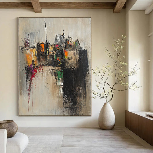 Contemporary abstract artwork featuring an old village with tight brushstrokes in muted earth tones accented by splashes of pink yellow green and orange. DLZ0959
