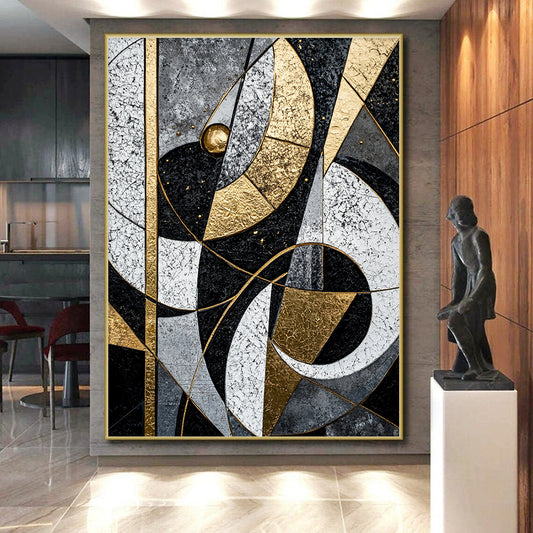 Black, White, Gray, Gold, Interlocking Arcs "Celestial Puzzle" Abstract Cosmic - Inspired Painting On Canvas HB075