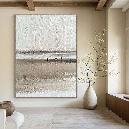 Contemporary abstract painting featuring a serene beach scene with minimal waves and a neutral palette of beige and gray on a white canvas. DLZ1529