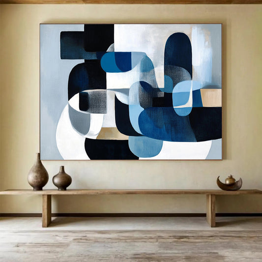 “Blue - Gray Geometric Shapes” - Blue, gray, white, Abstract Geometric Painting HB0638